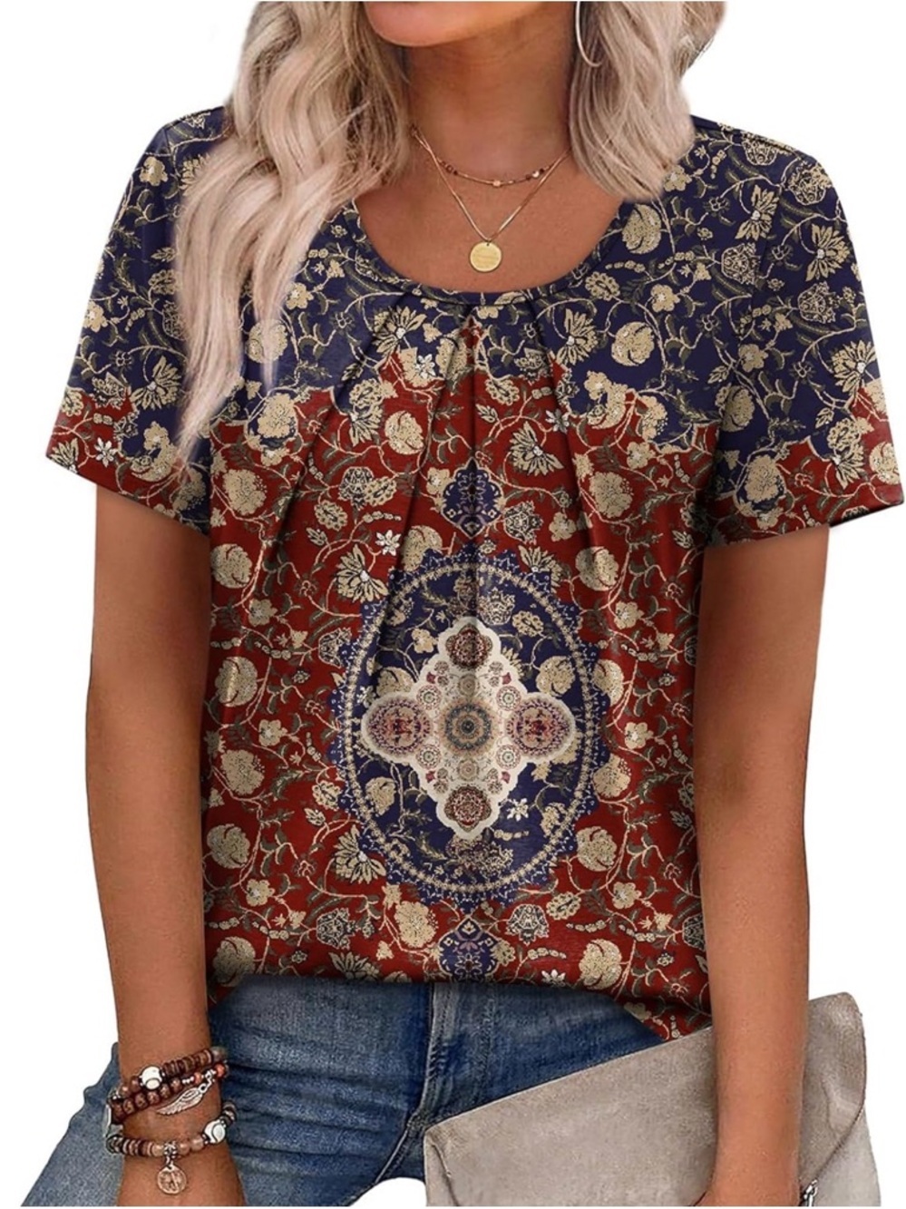 Boho Floral Medallion Short Sleeve Top - Red & Navy - Picture 2 of 5
